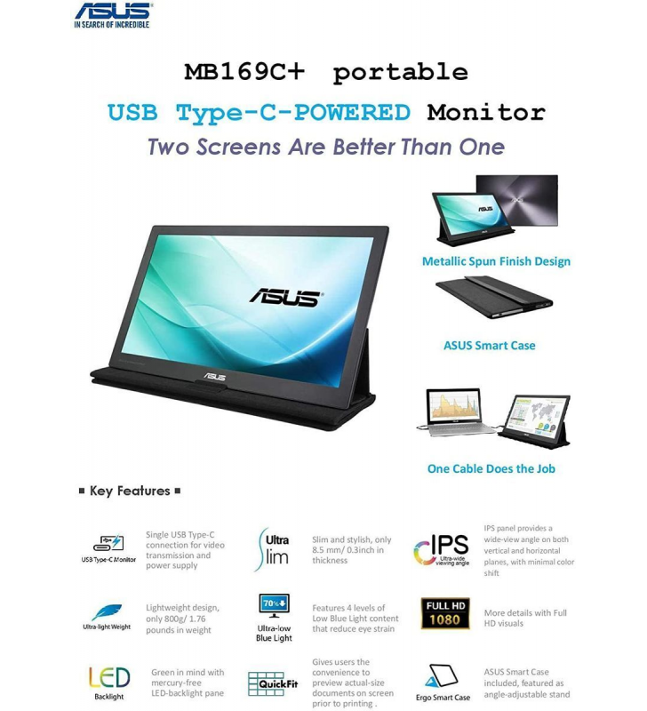 Monitor Asus  Portatil  MB169C+ Led USB-C + Funda